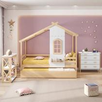 Bicama Infantil Prime House com Telhado V e Janelinha Casatema Branco/Natural