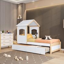 Bicama Infantil Solteiro Madeira Maciça/MDF com Telhado Casinha Casatema MadeiraOriginals Branco/Marrom Bicama Infantil Solteiro Madeira Maciça/MDF com Telhado Casinha Casatema MadeiraOriginals Branco/Marrom