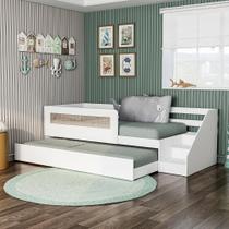 Bicama Infantil Space Solteiro com Rattan, Grade de Proteção e Escada de Fácil Acesso Casatema Branco Bicama Infantil Space Solteiro com Rattan, Grade de Proteção e Escada de Fácil Acesso Casatema Branco