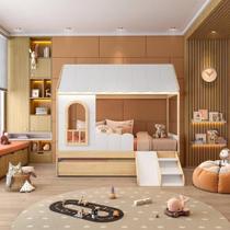 Bicama Reversivel Casinha com Telhado e LED, com Janela, Grade e Escadinha New Garden Casatema Branco/Natural