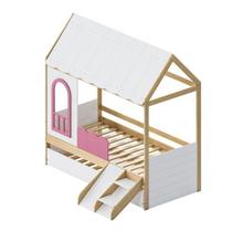 Bicama Reversivel Casinha com Telhado e Led, com Janela, Grade e Escadinha New Garden Casatema Rosa/Natural Bicama Reversivel Casinha com Telhado e Led, com Janela, Grade e Escadinha New Garden Casatema Rosa/Natural