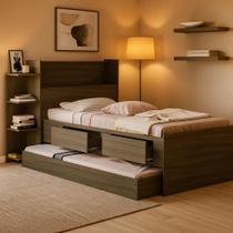 Bicama Solteiro Isa com cama auxiliar Gavetas Nicho Bau e Prateleiras Moderna feita em MDf estrado de Madeira Bicama Solteiro Isa com cama auxiliar Gavetas Nicho Bau e Prateleiras Moderna feita em MDf estrado de Madeira