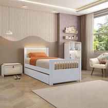 Bicama Solteiro Juvenil Reversível em Led com Rattan, Peseira Palito Wave Casatema Branco