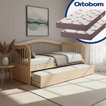 Bicama Solteiro Rubi Madeira Maciça Cor Mel com 2 Colchões Ortobom D28 Cama Auxiliar Resistente Design Robusto e Elegante Para Espaços Compactos