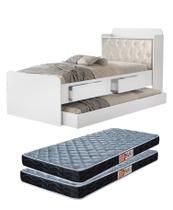 Bicama Solteiro Tamires em MDF com estrado de madeira Gavetas Bau Capitone Almofada Estofado Com 2 Colchão Inclusos D20 188x88cm