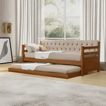 Bicama Solteiro Verona Castanho Estofado Capitonê Veludo Bege com Cama Auxiliar Bicama Solteiro Verona Castanho Estofado Capitonê Veludo Bege com Cama Auxiliar