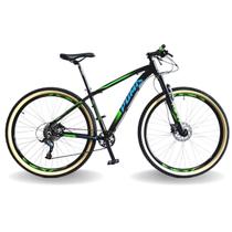 Bicicleta 29 puma lince 9v steez, freio hid, k7, susp trava guidão, preto verde e azul, 17. - PUMABIKE