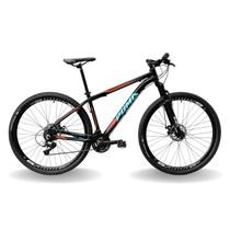 Bicicleta 29 pumabike lince 21v index, freio mec, susp 80mm rad7, preto com laranja e azul, 17