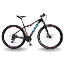 Bicicleta 29 pumabike lince 24v steez, freio mec, susp 80mm, preto com rosa e azul, 15