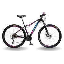 Bicicleta 29 pumabike lince 27v steez, freio mec, k7, susp trava, preto com rosa e azul, 17