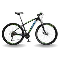 Bicicleta 29 pumabike lince 27v steez, freio mec, k7, susp trava, preto verde e azul, 19