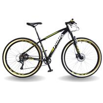 Bicicleta 29 pumabike lince 9v steez, freio hid, k7, susp trava guidão, preto com branco e amarelo, 17