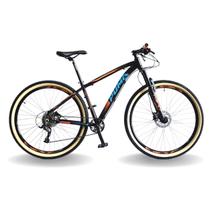 Bicicleta 29 pumabike lince 9v steez, freio hid, k7, susp trava guidão, preto com laranja e azul, 17