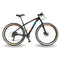 Bicicleta 29 pumabike lince 9v steez, freio hid, k7, susp trava guidão, preto com laranja e azul, 19
