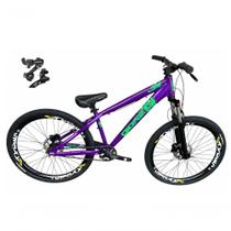 Bicicleta 4Trix Freeride Downhill Aro 26 Quadro Alumínio 21 Marchas Shimano Gios Roxo e Verde
