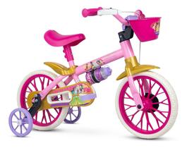 Bicicleta Aro 12 Com Rodinhas Princesas Rosa e Dourado