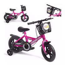 Bicicleta Aro 12 Infantil com Banco Acolchoado Cesto Freio Traseiro Rodinhas Treinamento Removíveis para Crianças 3 a 5 Anos