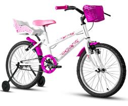 Bicicleta aro 20 Feminina Infantil Com Cadeirinha de Boneca Roda Lateral Apoio Cestinha Rosa