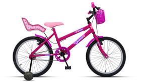 Bicicleta Aro 20 Feminina Infantil De 6 A 13 Anos com Roda de Apoio e Cadeirinha Boneca - Rosa/Rosa