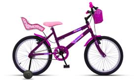 Bicicleta Aro 20 Feminina Infantil De 6 A 13 Anos com Roda de Apoio e Cadeirinha Boneca - Violeta/Rosa