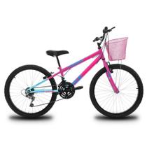 Bicicleta Aro 24 para Menina Infantil Kog 18V Com Cestinha Azul Degrade Rosa Envio Imediato