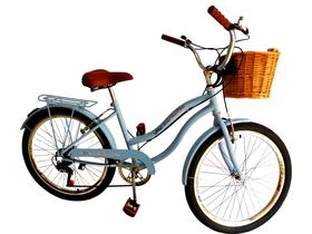 Bicicleta Aro 24 Retrô Vintage feminina com cesta vime azul bb