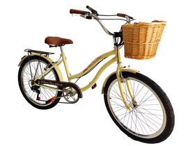 Bicicleta Aro 24 Retrô Vintage feminina com cesta vime Bege