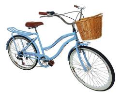 Bicicleta Aro 26 Adulto Retrô Com Cesta Vime Azul BB Claro - Maria Clara Bikes