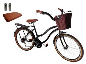 Bicicleta aro 26 c/ cesta vime sintético assento pedaleiras