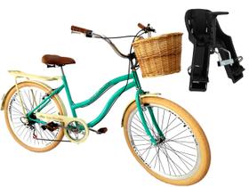 Bicicleta aro 26 cadeirinha frontal cesta de vime 6v Verde