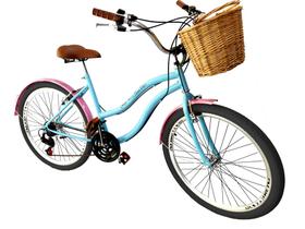 Bicicleta aro 26 com 18 Marchas adulto cesta vime Azul rosa