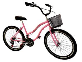 Bicicleta Aro 26 com 18 marchas cestinha selim 2 molas rosa