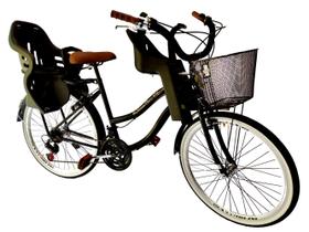 Bicicleta aro 26 com 2 cadeirinhas 18 marchas cesta Preto - Maria Clara Bikes