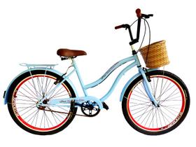 Bicicleta aro 26 com cestinha tipo vime retrô s/ marchas azu