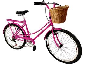 Bicicleta aro 26 feminina 6 marchas com vime retrô mary pink