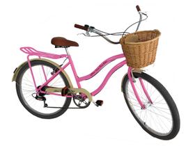 Bicicleta aro 26 Feminina cesta vime bagageiro 6v Rosa