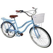 Bicicleta aro 26 Feminina com cesta 6 machas retrô azul bb