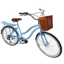 Bicicleta aro 26 Feminina com cesta 6 machas retrô azul bb - Maria Clara Bikes