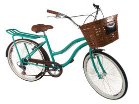 Bicicleta aro 26 Feminina com cesta grande 6 marchas verde - Maria Clara Bikes