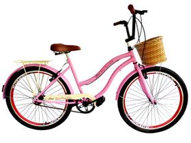 Bicicleta aro 26 feminina com cesta tipo vime s/ marcha rosa