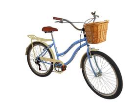 Bicicleta aro 26 Feminina com cesta vime 6 machas Azul bb bg