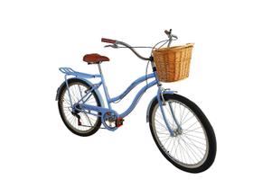 Bicicleta aro 26 Feminina com cesta vime 6 machas Azul bb