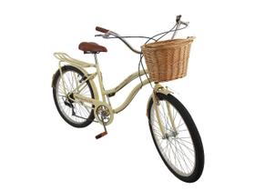 Bicicleta aro 26 Feminina com cesta vime 6 machas retrô bege