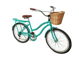Bicicleta aro 26 Feminina com cesta vime 6 machas verde