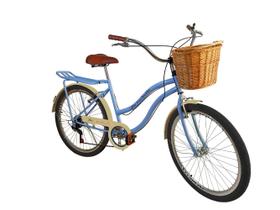 Bicicleta aro 26 Feminina com cesta vime 6 marchas Azul bb - Maria Clara Bikes