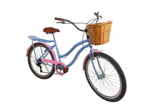 Bicicleta aro 26 Feminina com cesta vime 6 marchas azul rsa - Maria Clara Bikes