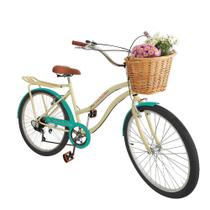 Bicicleta aro 26 Feminina com cesta vime 6 marchas bege