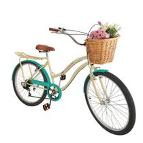 Bicicleta aro 26 Feminina com cesta vime 6 marchas bege - Maria Clara Bikes