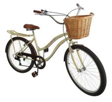 Bicicleta aro 26 Feminina com cesta vime 6 marchas bege mr - Maria Clara Bikes