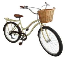 Bicicleta aro 26 Feminina com cesta vime 6 marchas bege mr